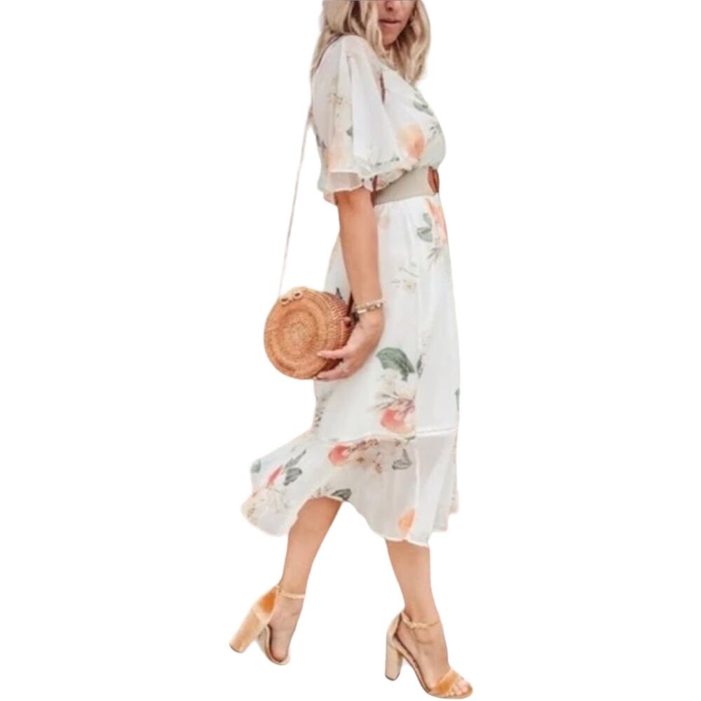 Farm Rio Anthropologie Floral Midi Dress, Eloisa Chiffon Flutter Sleeve Fits 6/S